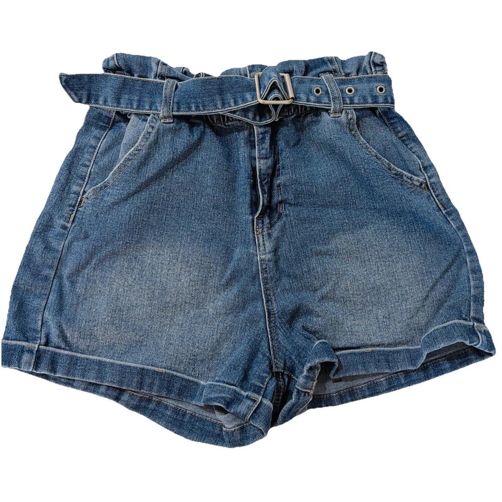 No Boundaries Women's Size S Jean Shorts Paper Bag Belt Medium Wash 3"